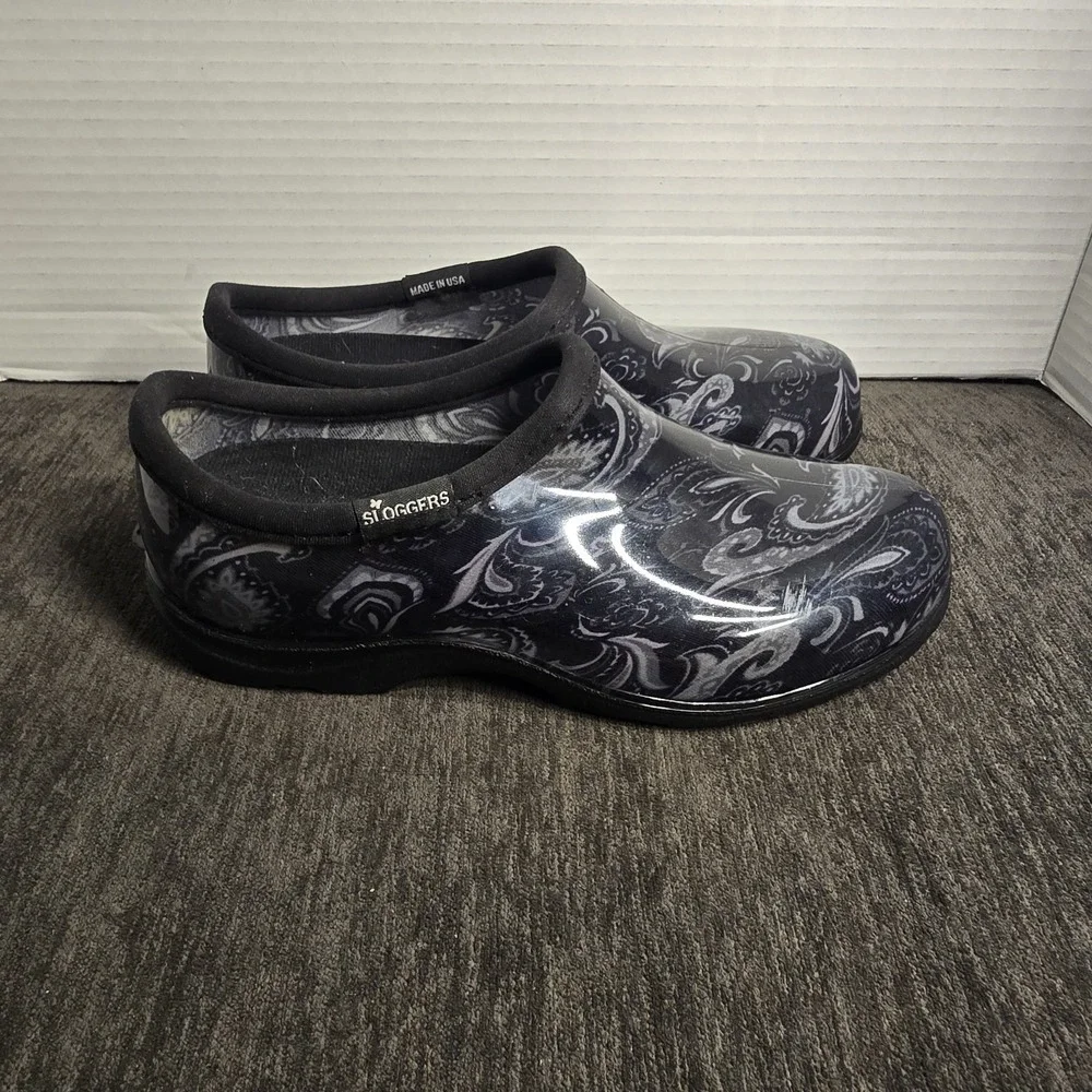 Sloggers Garden Rain Shoes Women's 6 Black Paisley Waterproof Slip On Clogs‎